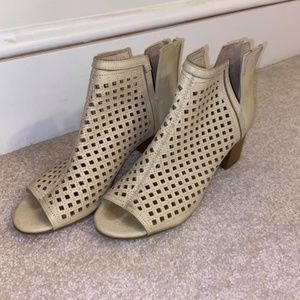 Taupe open toe back zip bootie